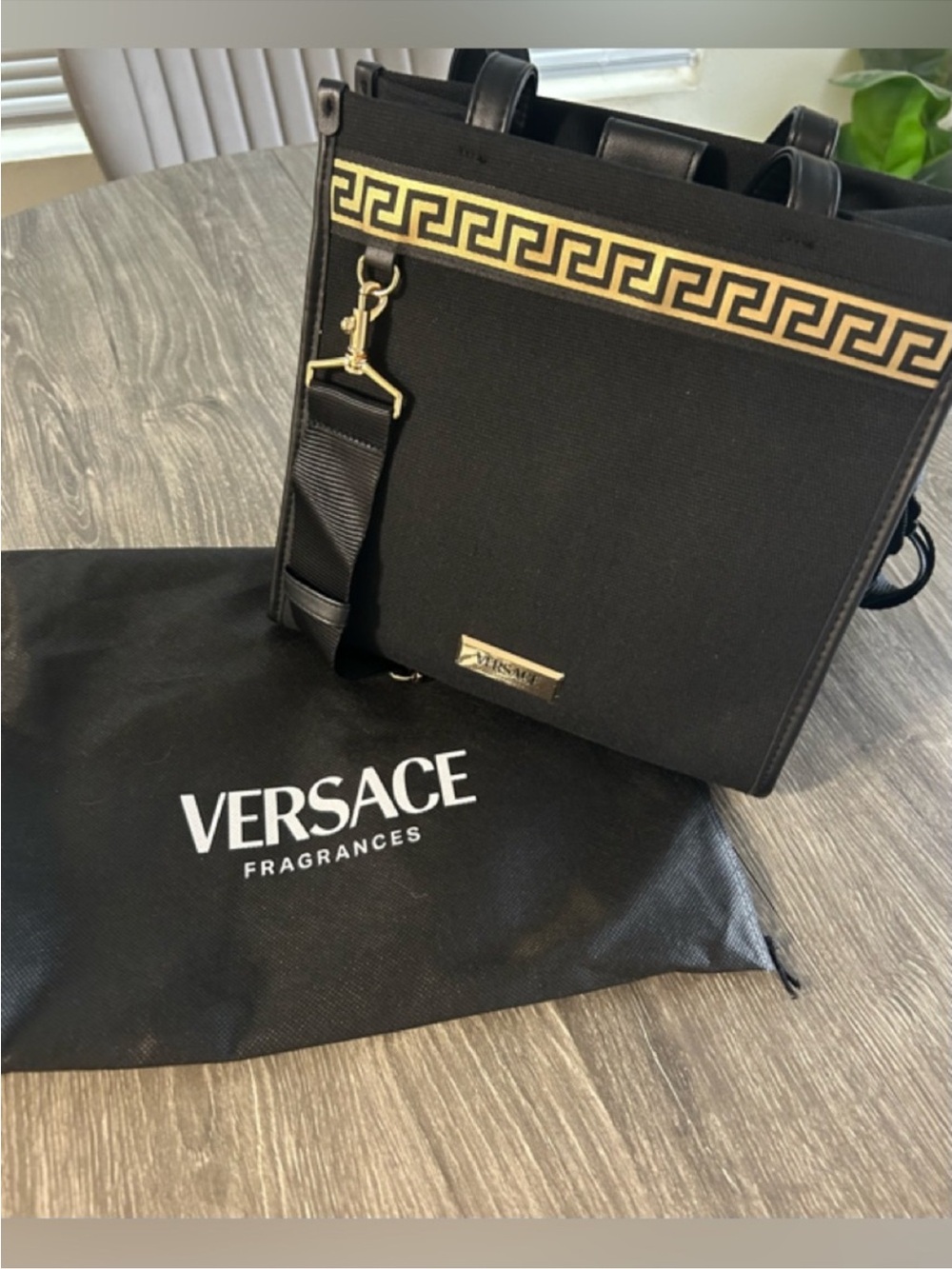 Versace Black Canvas Tote with Gold Greek Key Band - Picture 3 of 5